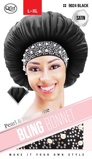 QFitt Pearl & Rhinestone Bling Bonnet for Adults #9024 Black Satin LXL