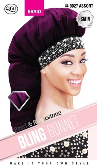 QFitt Pearl & Rhinestone Bling Bonnet for Adults #9027 Assorted Satin Braid