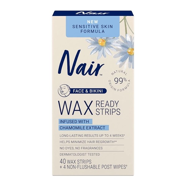 Nair Hair Remover Wax Ready Strips, Face and Bikini Hair Removal Wax Strips, 40 Count - Chamomile