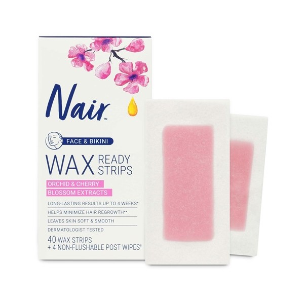 Nair Hair Remover Wax Ready Strips, Face and Bikini Hair Removal Wax Strips, 40 Count - Orchid & Cherry