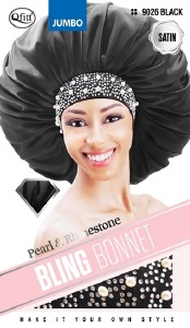 QFitt Pearl & Rhinestone Bling Bonnet for Adults #9026 Black Satin Jumbo
