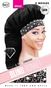 QFitt Pearl & Rhinestone Bling Bonnet for Adults #9028 Black Satin Braid