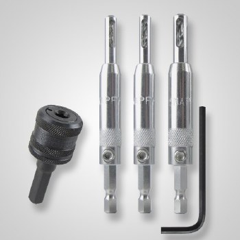 3PC HINGE BIT SET W/ CHUCK