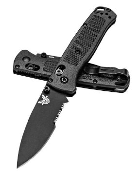 BUGOUT, BLACK HANDLE, SERRATED BLACK BLADE