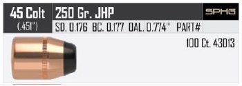 .45 Caliber 250gr JHP Nosler #43013 100/bx
