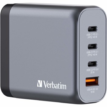 Verbatim GNC 140W GaN AC Wall Charger with USB-C, PD and QC 3.0 (EU/UK/US plugs)