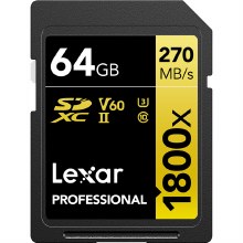 Lexar  64GB SDXC UHS-II Professional Gold U3 V60 Card (270MB/s)