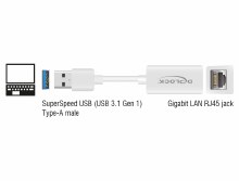 Additional picture of Delock Adapter SuperSpeed USB (USB 3.2 Gen 1) with USB Type-A male > Gigabit LAN 10/100/1000 Mbps compact white