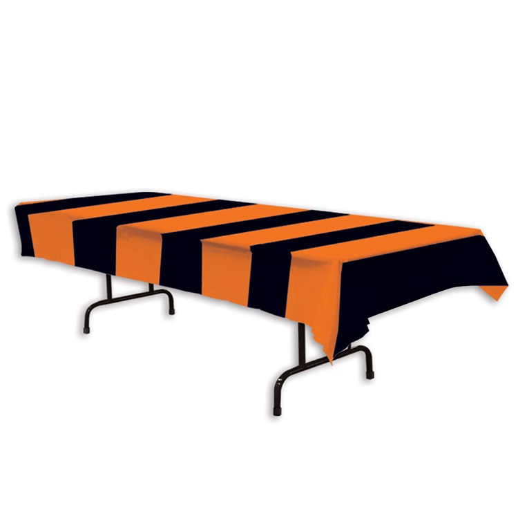 Black &amp; Orange Striped Halloween Plastic Tablecover