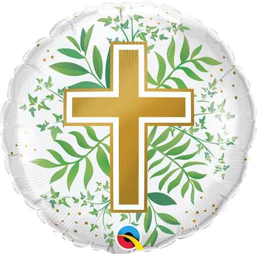 Cross, Greenery Design Round Shape • Standard Size 18" Mylar Helium Balloon