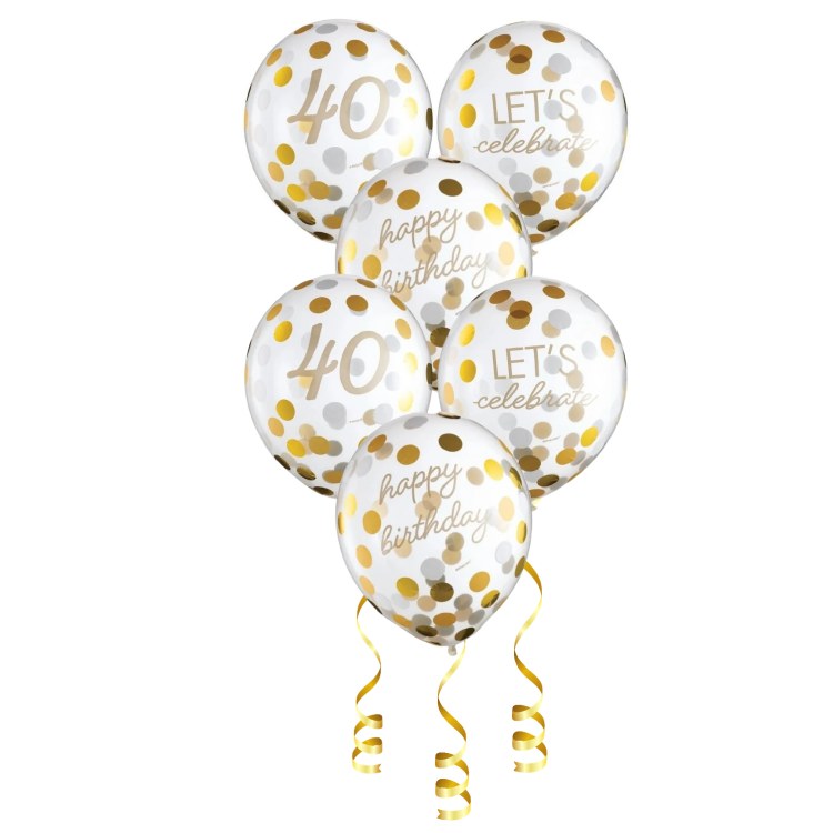 40th Birthday • Clear w/ Gold Confetti Latex Helium Balloons Bundle (ONLY FLOATS THE DAY OF PICK UP)