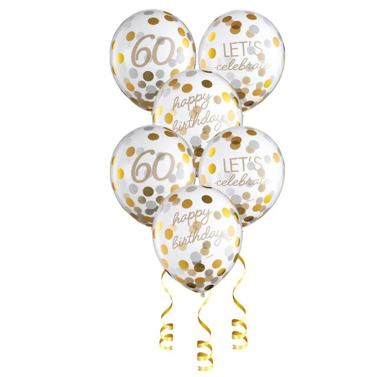 60th Birthday • Clear w/ Gold Confetti Latex Helium Balloons Bundle (ONLY FLOATS THE DAY OF PICK UP)