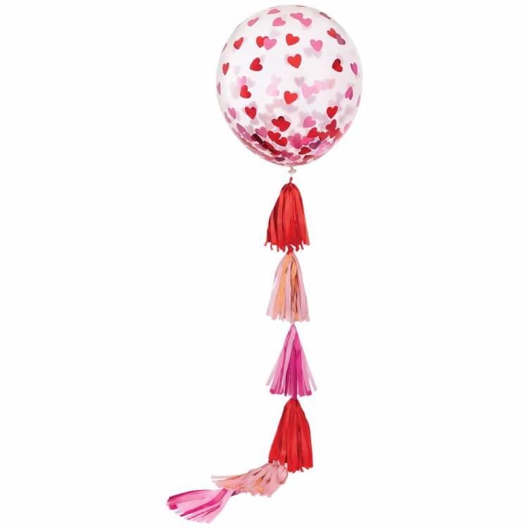 24" Confetti Hearts w/ Tassle • Jumbo Clear Latex Helium Balloon