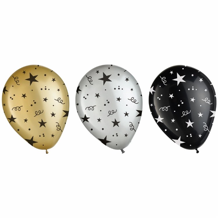 11" Confetti Print, Black/Gold/Silver Bundle • 15 Latex Helium Balloons
