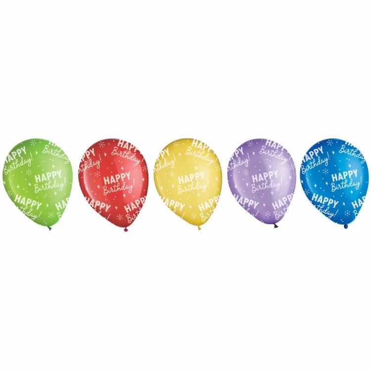 11" Happy Birthday Print, Colorful Bundle • 15 Latex Helium Balloons