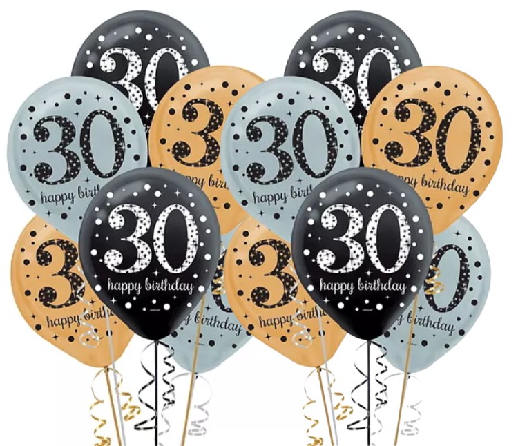 Sparkling Happy 30th Birthday 11" Latex Bundle ~ 15 Balloons