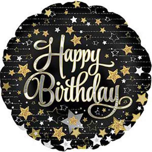 Black/Gold/Silver Stars Happy Birthday Round • Standard Size 18" Mylar Helium Balloon