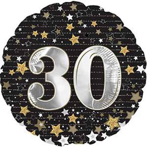 Milestone Year • Gold &amp; Silver Stars 30 • Standard Size 18" Mylar Helium Balloon