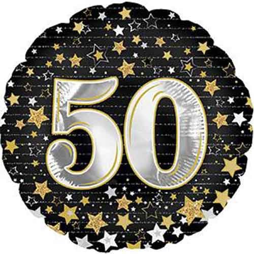 Milestone Year • Gold &amp; Silver Stars 50 • Standard Size 18&quot; Mylar Helium Balloon