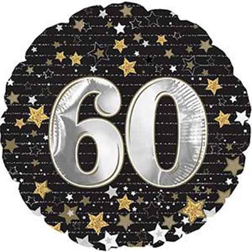 Milestone Year • Gold &amp; Silver Stars 60 • Standard Size 18&quot; Mylar Helium Balloon