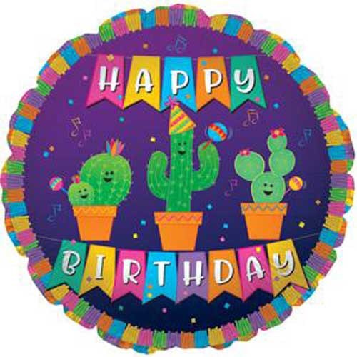 Cactus Fiesta, Happy Birthday Round • Standard Size 18" Mylar Helium Balloon