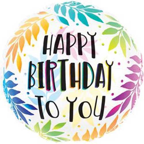 Colorful Tropical Leaves, Happy Birthday Round • Standard Size 18" Clear, Plastic Helium Balloon