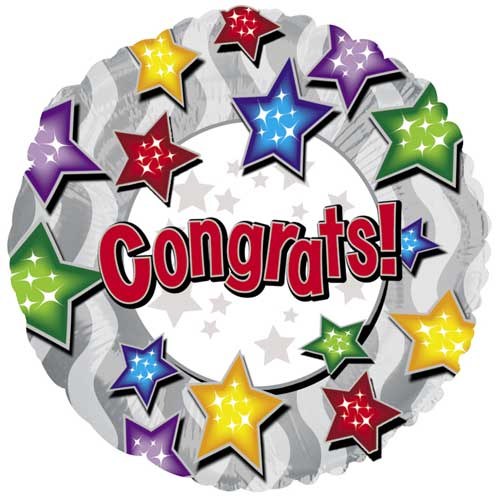 Congrats, Silver w/ Colorful Stars • Standard Size 18" Mylar Helium Balloon