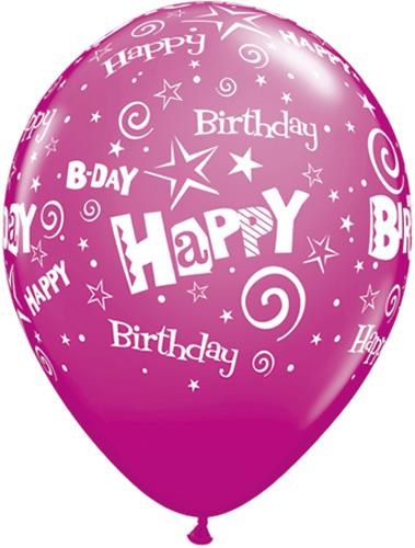 11" Happy Birthday Stars &amp; Swirls Latex Helium Balloon • Wild Berry