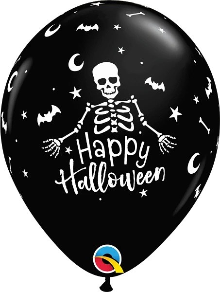 11" Black Happy Halloween Skeleton Latex Helium Balloon