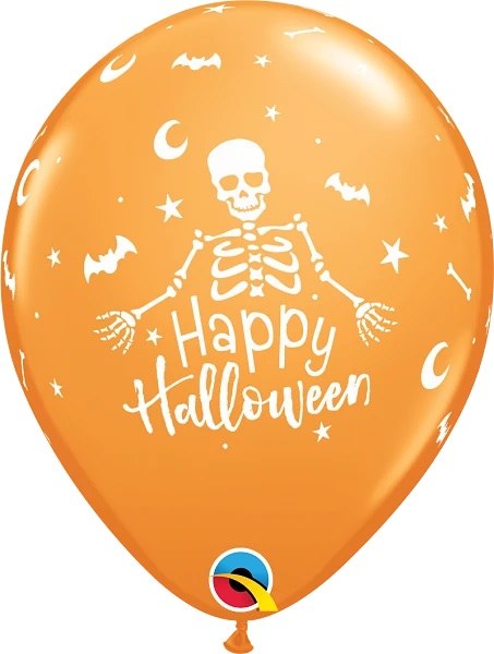 11" Orange Happy Halloween Skeleton Latex Helium Balloon