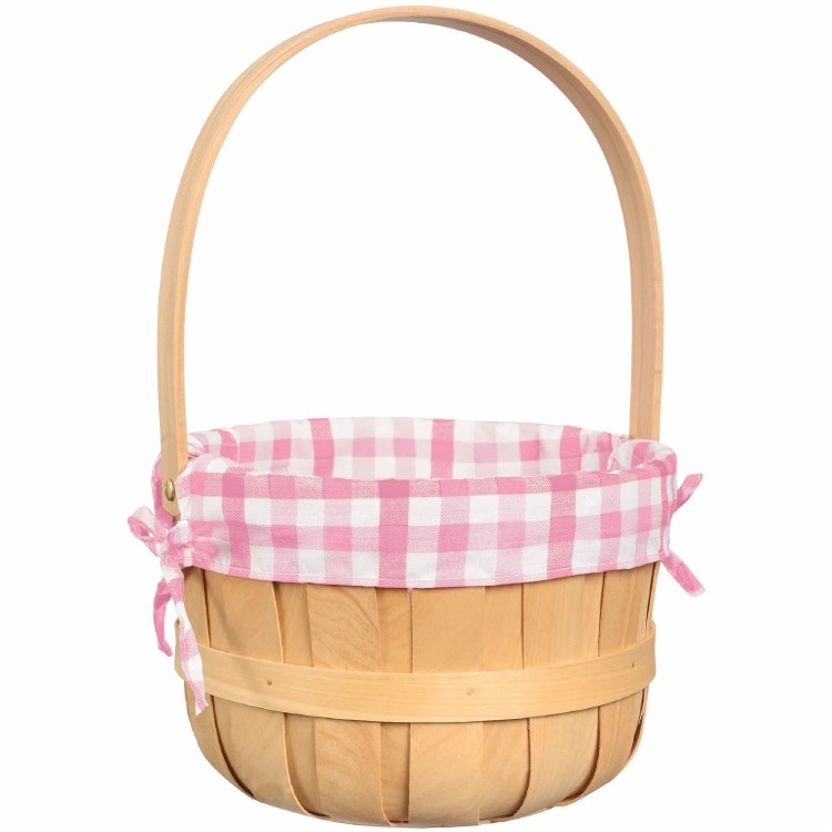 Round Wood Chip Basket Pink Gingham