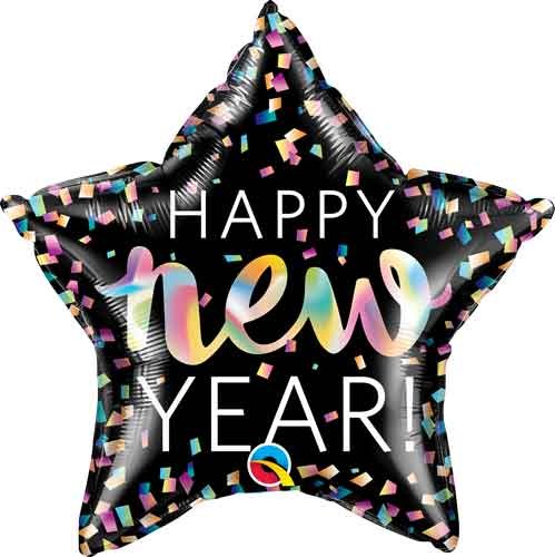Happy New Year, Black Iridescent Star • Standard Size 18" Mylar Helium Balloon