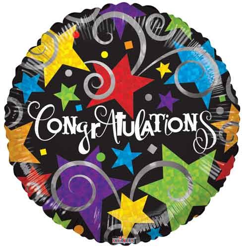 Congratulations, Black w/ Colorful Stars • Standard Size 18" Mylar Helium Balloon