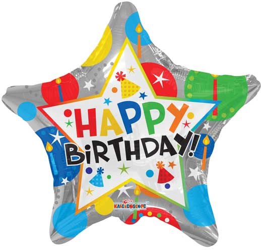 Colorful, Silver Happy Birthday Star • Standard Size 18" Mylar Helium Balloon