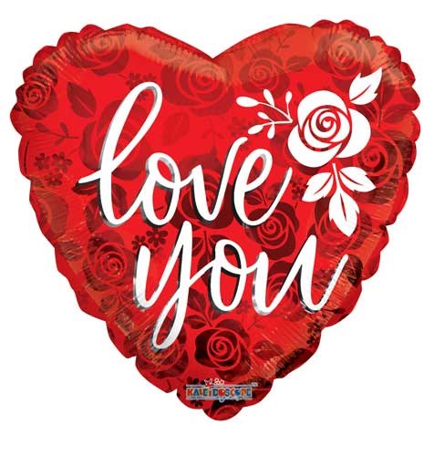 I Love You, Rose Pattern Heart Shape • Standard 18" Mylar Helium Balloon