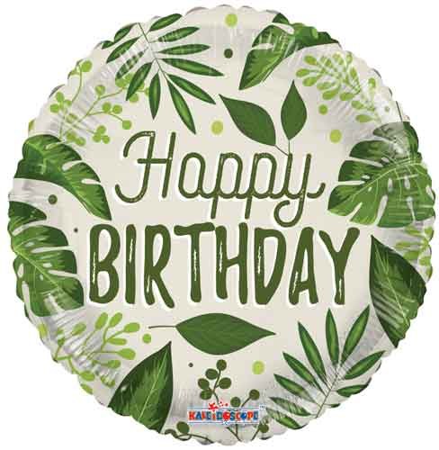 Green/Beige Tropical Leaves, Happy Birthday Round • Standard Size 18" Mylar Helium Balloon