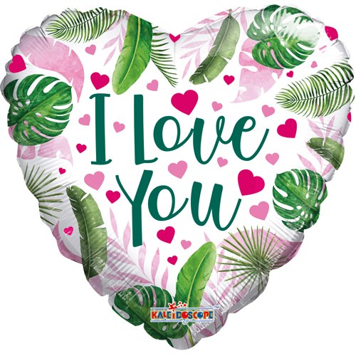 I Love You, Tropical Leaves Heart Shape • Standard Size 18" Mylar Helium Balloon