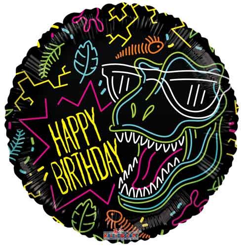 Dinosaur, T-Rex Neon Happy Birthday • Standard Size 18" Plastic, Non Foil Helium Balloon