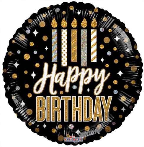 Black/Gold/Silver, Holographic Party Candles Happy Birthday • Standard Size 18" Mylar Helium Balloon