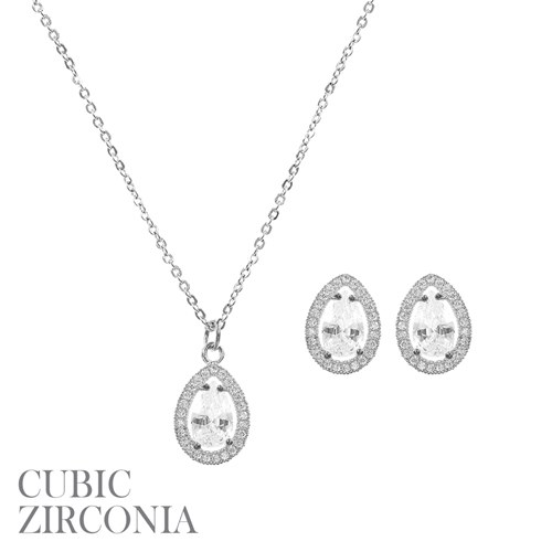 Cubic Zirconia Pear Shape Necklace and Earring Set Silver
