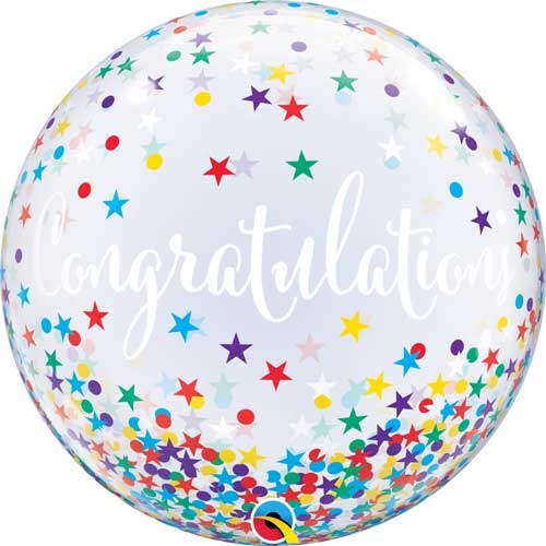 Congratulations, Star Confetti Print Bubble • Jumbo 22" Clear Plastic Helium Balloon