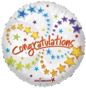 Congratulations, White w/ Colorful Stars • Standard Size 18" Mylar Helium Balloon