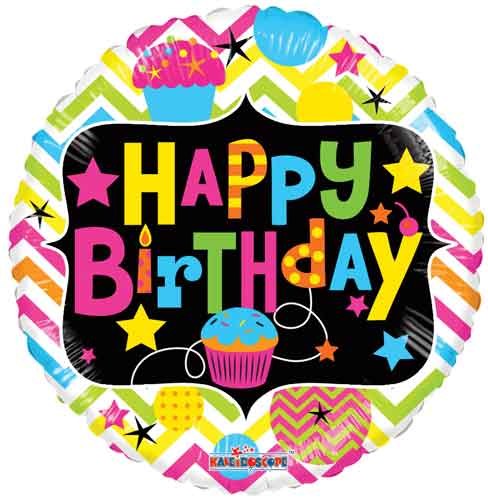 Neon Cupcake Happy Birthday Round • Standard Size 18" Mylar Helium Balloon