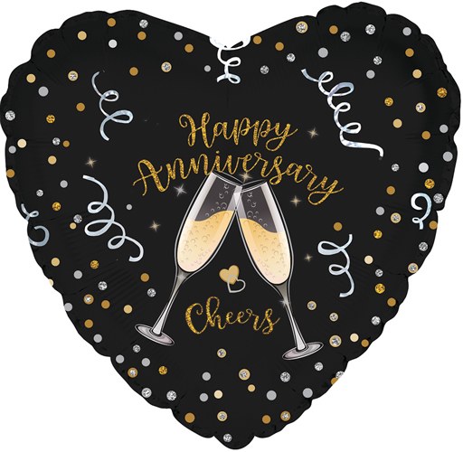 Happy Anniversary, Black &amp; Gold Champagne Cheers Heart • Standard Size 18" Mylar Helium Balloon
