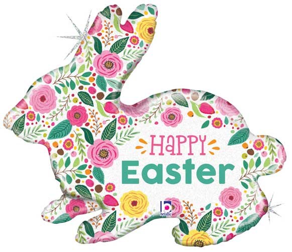 Happy Easter, Floral Bunny Shape • Jumbo 32" Mylar Helium Balloon