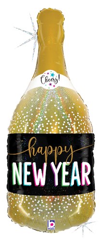 Happy New Year, Champagne Bottle Holographic • Jumbo 36" Mylar Helium Balloon