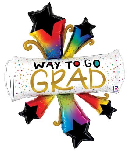 Black/Gold &amp; Colorful Starbursts, Way To Go Grad Diploma Shape • Jumbo 42" Mylar Helium Balloon