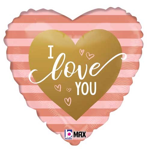I Love You, Rose Gold Stripes Heart Shape • Standard 18" Mylar Helium Balloon