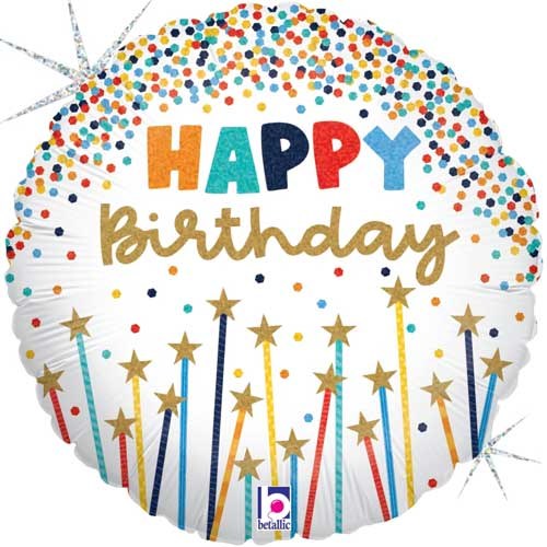 White, Holographic Confetti &amp; Star Candles Happy Birthday • Standard Size 18" Mylar Helium Balloon