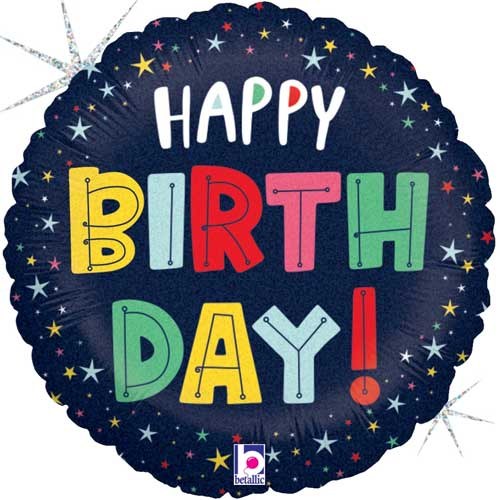 Navy, Holographic Stars Happy Birthday Round • Standard 18" Size Mylar Helium Balloon